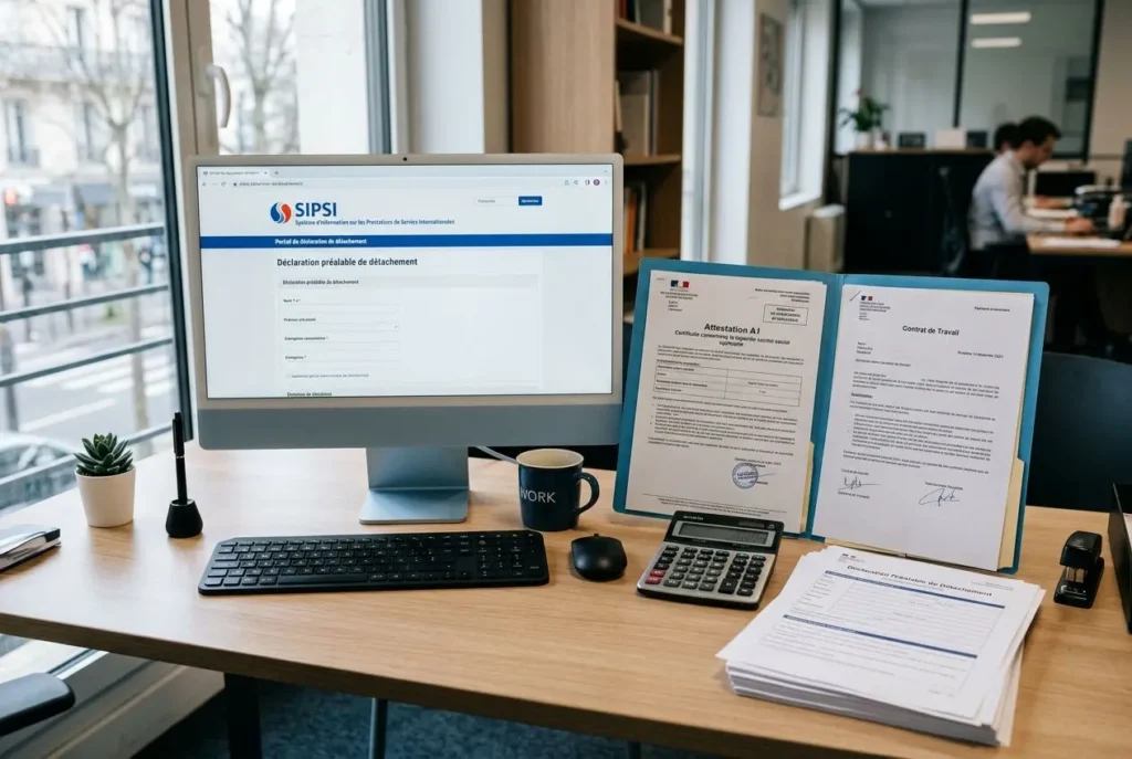 Bureau avec écran affichant une page SIPSI, documents officiels et attestation de détachement posés sur un classeur; mugs et calculatrice sur le desk. attestation de déclaration préalable de détachement intégrée.