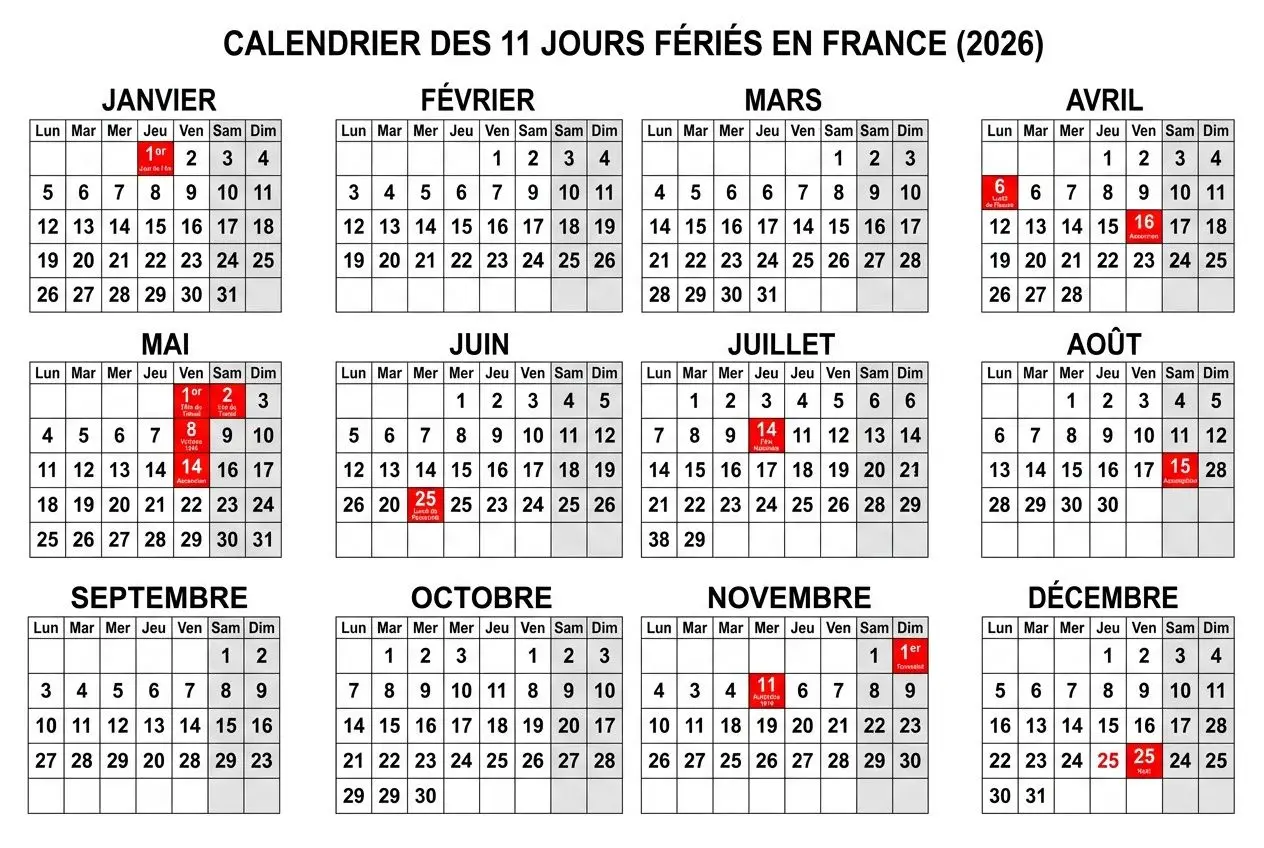 Calendrier jours fériés 2026