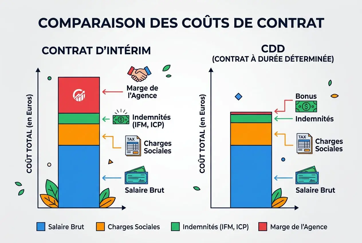 Comparaison des coûts de contrat: contrat d’intérim et CDD, barres empilées montrant salaire brut, charges sociales, indemnités et marge de l’agence, coût total en euros.