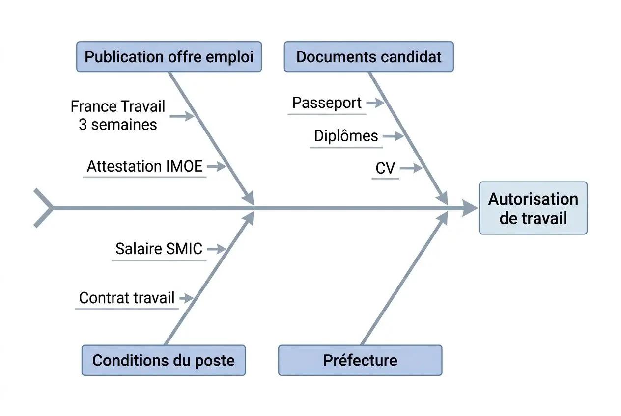 Diagramme de flux montrant les éléments de l’autorisation de travail en France pour les étrangers: conditions du poste, publication offre emploi, documents candidat (passeport, diplômes, CV), IMOE, salaire SMIC, contrat travail, préfecture et statut d’autorisation de travail. Autorisation de travail intégrée.