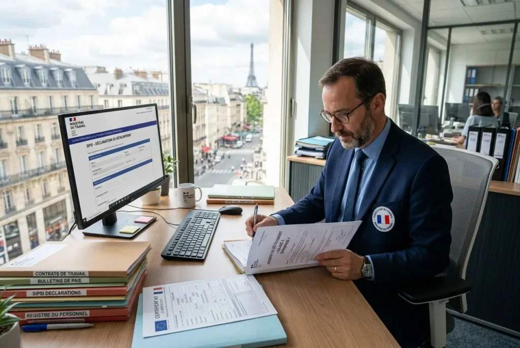 Homme en costume avec badge français, travaillant à son bureau et signant des documents, près d’un écran d’ordinateur et de piles de dossiers, dans un open space parisien. travailleur détaché en france réglementation