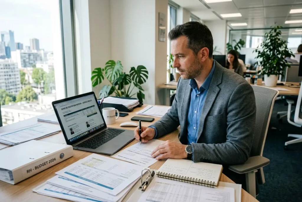 Homme d’affaires en blazer bleu travaillant à un bureau, informatique ouverte sur un écran, prend des notes sur des documents et cahiers; lumière naturelle, ambiance métier. côt d'un intérimaire pour une entreprise intégré naturellement.