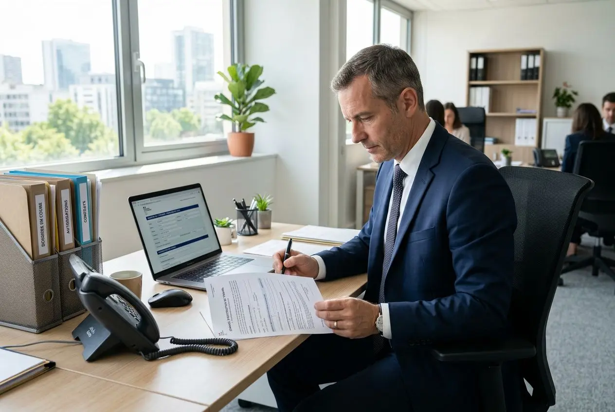 Homme d’affaires en costume signe des documents au bureau, téléphone sur le bureau et ordinateur portable ouvert, ambiance professionnelle. autorisation de travail en france pour les étrangers.