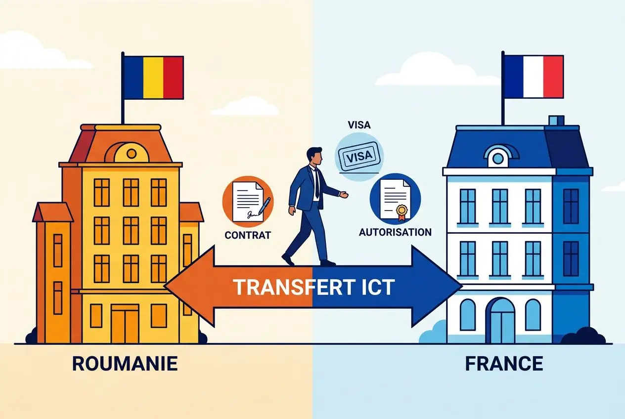 Illustration montrant le transfert ICT entre Roumanie et France : deux bâtiments nationaux avec drapeaux, un homme marche entre les côtés, et des icônes Contrat, Autorisation et Visa. Intégration du sujet: en lien avec comment embaucher un salarié étranger en france.