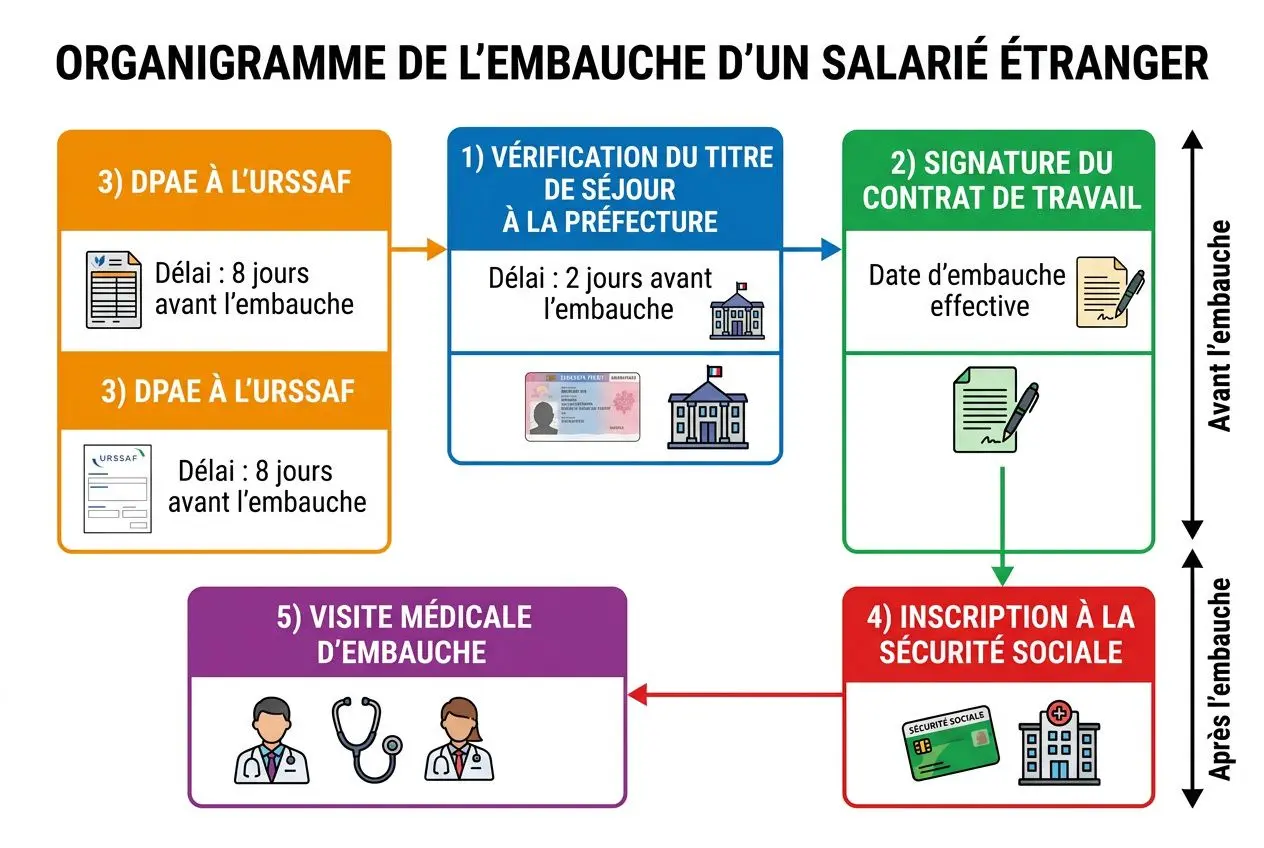 Organigramme illustrant les étapes de l’embauche d’un salarié étranger en France, avec vérification du titre, signature du contrat, insertion à la sécurité sociale et visite médicale.