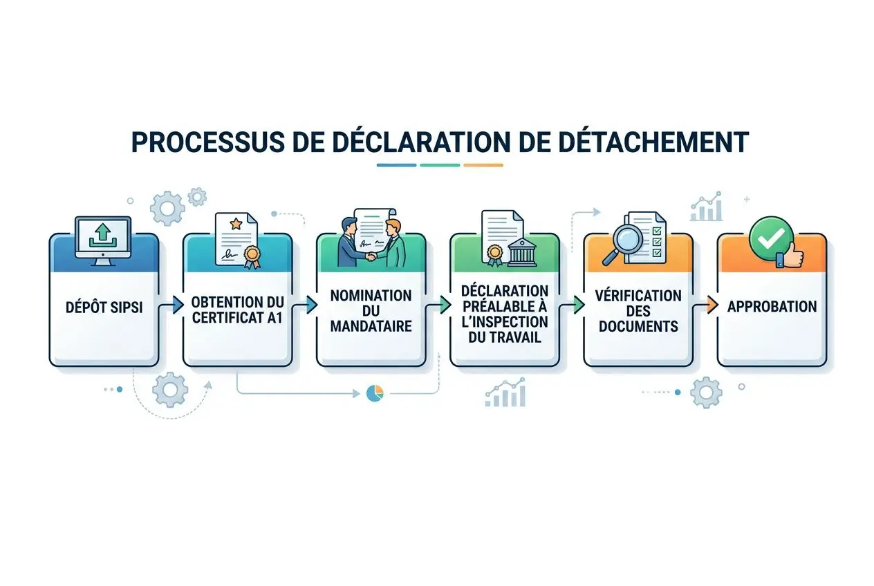 Processus de déclaration de détachement: étapes allant du dépôt SIPSI à l'approbation, illustrant les formalités et vérifications. travailleur détaché en france réglementation intégré.