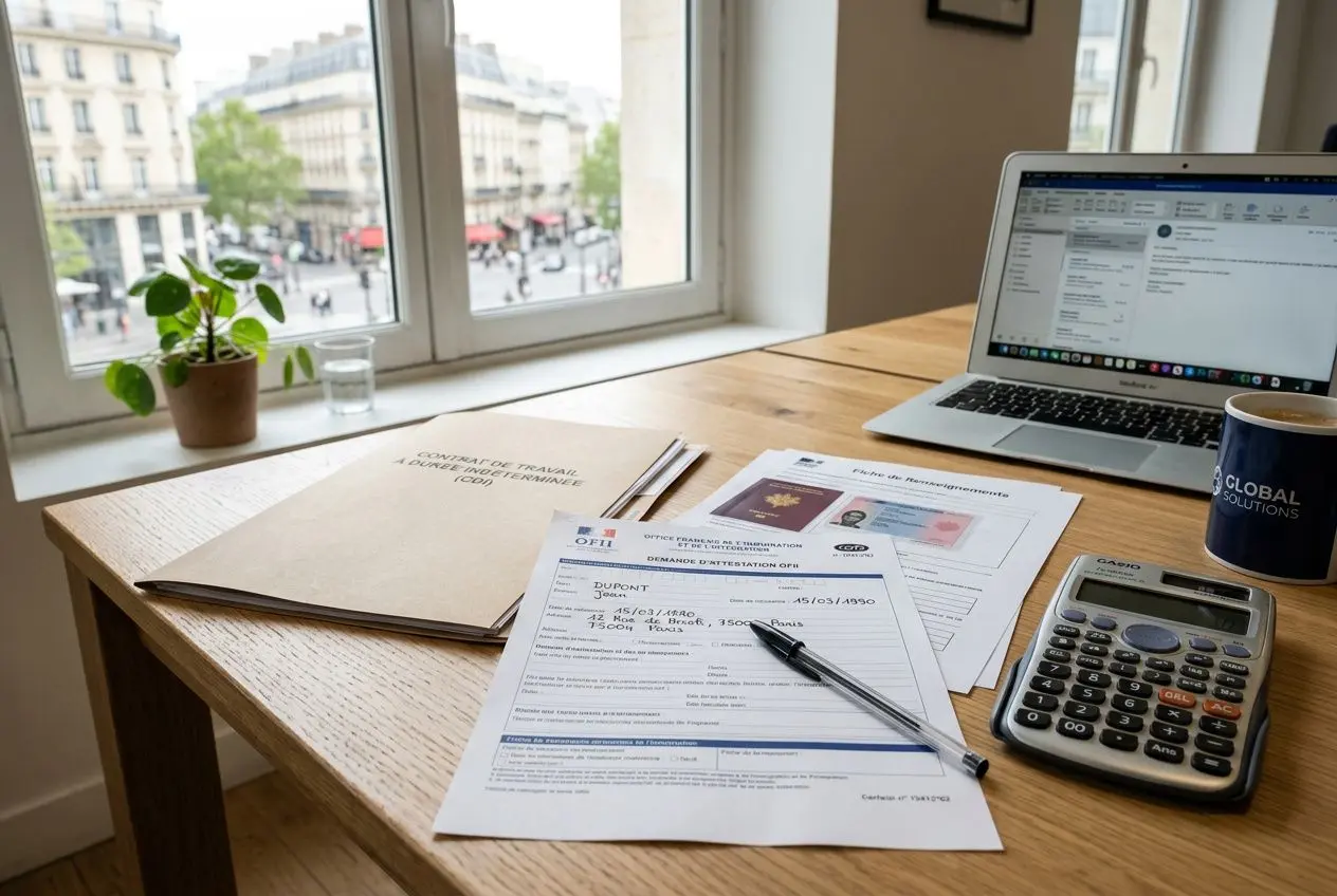 Calculatrice et documents OFII sur un bureau, vue sur la ville, contexte coût de recruter un salarié étranger pour l'employeur.