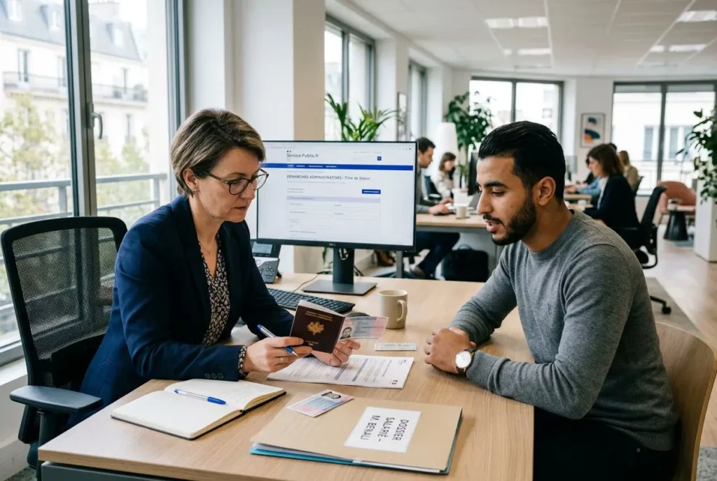 Deux interlocuteurs en entretien administratif: une professionnelle vérifiant des documents et un candidat, autour d’un bureau avec ordinateur et passeport, dans un espace de travail. Autorisation de travail intérimaire évoquée par l’environnement.