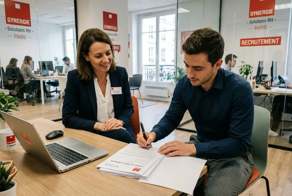 Deux professionnels en entretien d’embauche dans un bureau, signature d’un document sur la table, logo Synergie visible. contrat de mission temporaire visible à l’arrière.