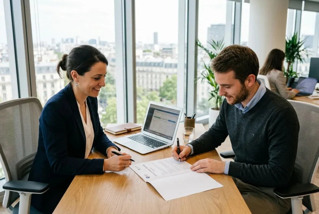 Deux professionnels signent un document de travail dans un bureau lumineux, avec un ordinateur portable sur la table. Alt text intégrant l’expression clé: organisation déplacement travailleurs temporaires.