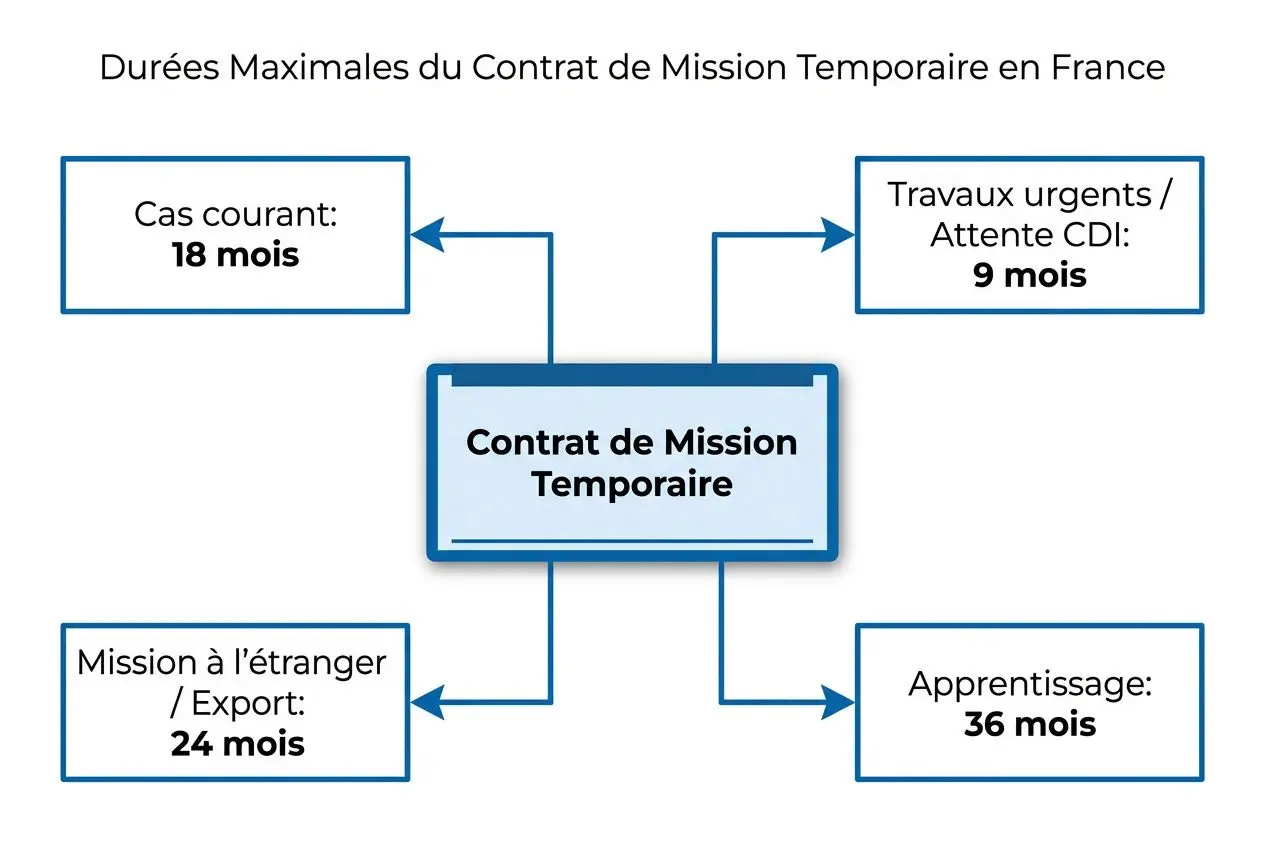 Diagramme: “Contrat de Mission Temporaire” au centre avec durées: 18 mois cas courant, 9 mois travaux urgents/attente CDI, 24 mois mission à l’étranger/export, 36 mois apprentissage.