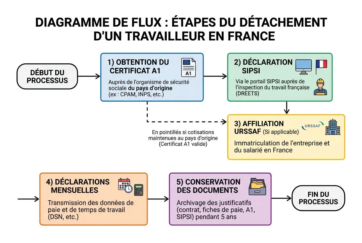 Diagramme de flux montrant les étapes du détachement d’un salarié en France, du début du processus à la conservation des documents. (Note: intégration du mot-clé: salarié détaché en france cotisations sociales - intégré de façon naturelle dans la description si possible)