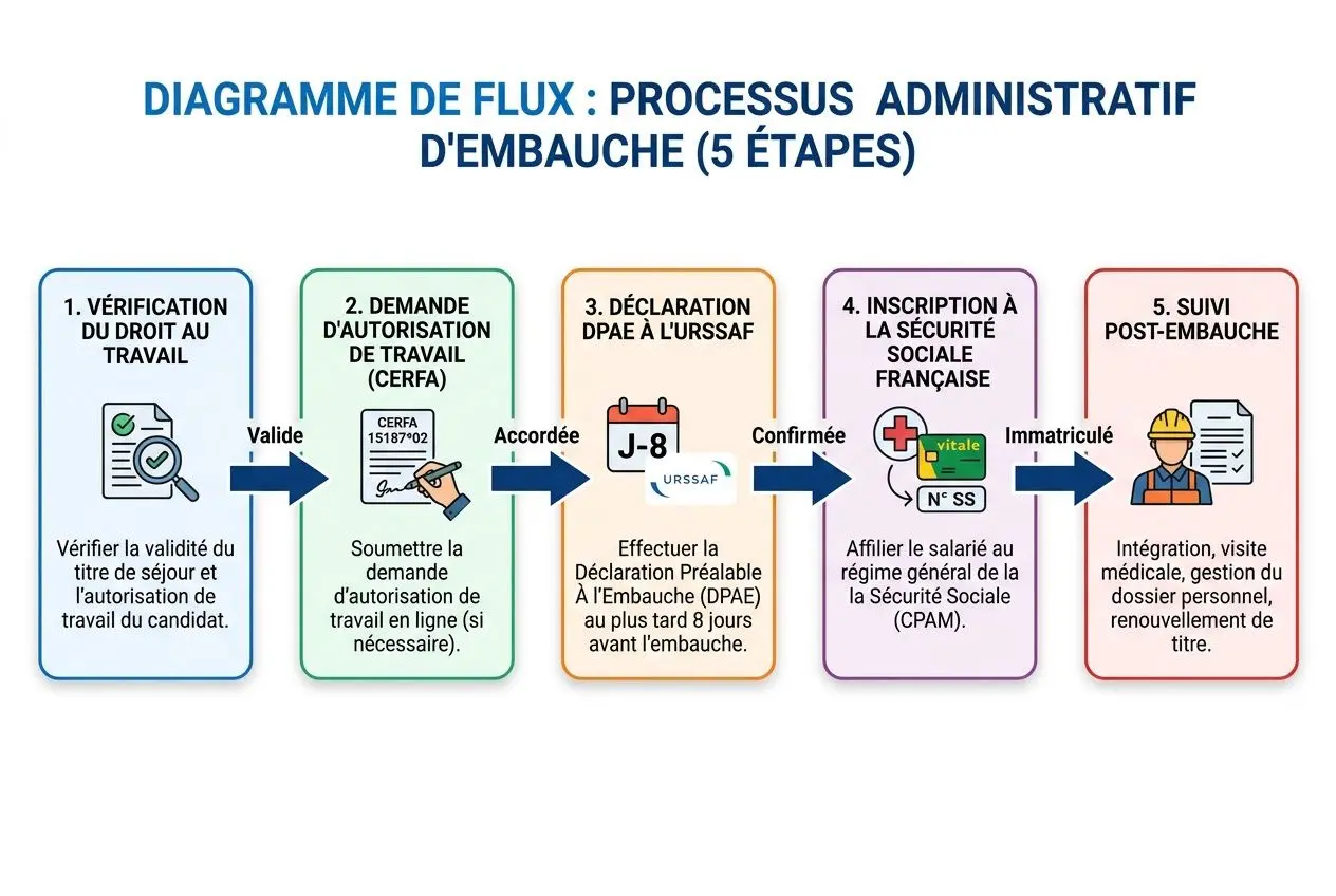Diagramme de flux montrant le processus administratif d'embauche en 5 étapes pour un travailleur étranger, avec vérification, demande d'autorisation, DPAE, inscription à la CPAM et suivi aprèsembauche. Mot-clef intégré: agence intérim travailleur étranger.