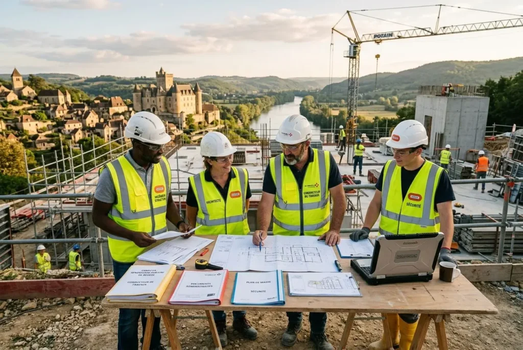 Equipe de chantier portant des gilets jaunes et casques, planifiant sur un établi avec des documents et un ordinateur, sur un site en construction avec vue sur un village et un crane. Salarié détaché en france cotisations sociales.