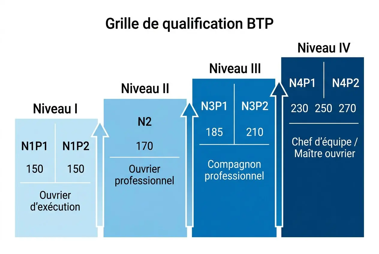 Grille de qualification BTP montrant les niveaux d’un ouvrier qualifié du bâtiment, de I à IV, avec métiers et chiffres indicative N1P1 à N4P2.