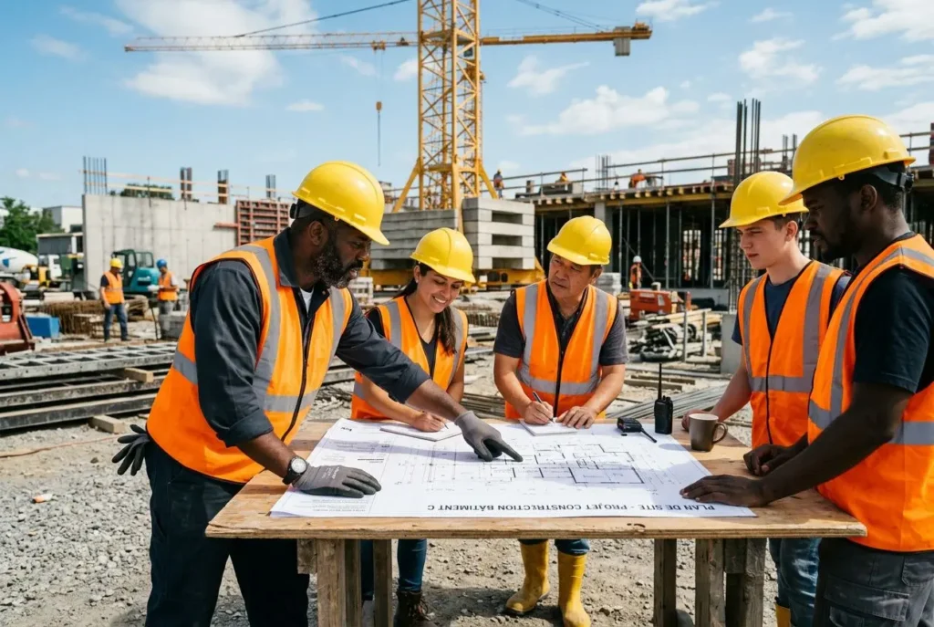 Groupe de travailleurs sur un chantier, plan sous une charpente, vestes et casques orange; l’un guide le plan avec l’équipe. agence intérim travailleur étranger.