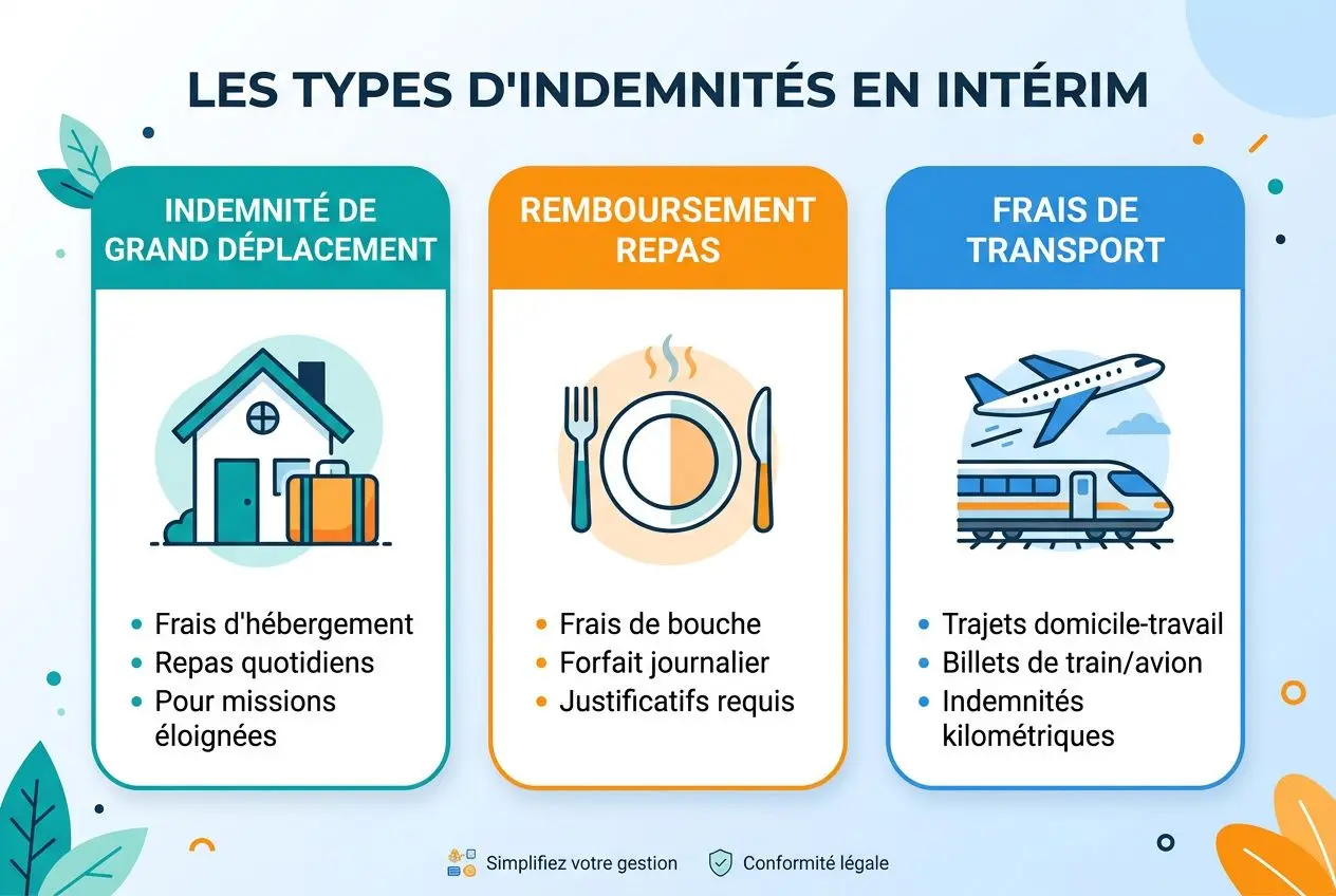 Organisation déplacement travailleurs temporaires : infographie sur indemnités, restauration et frais de transport en intérim avec icônes et listes.