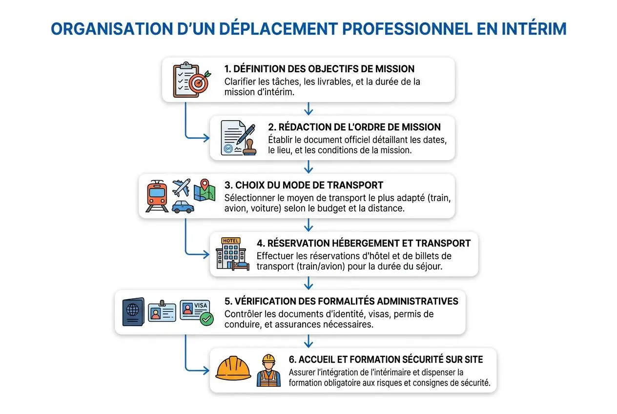 Organisation d’un déplacement professionnel en intérim: étape par étape, de la définition des objectifs à l’accueil et formation sur site.