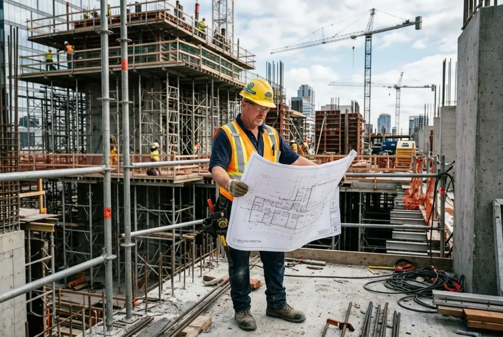 Ouvrier qualifié bâtiment examinant un plan sur un chantier de construction avec scaffolding et grues en arrière-plan. salaire d'un ouvrier qualifié bâtiment intégré.