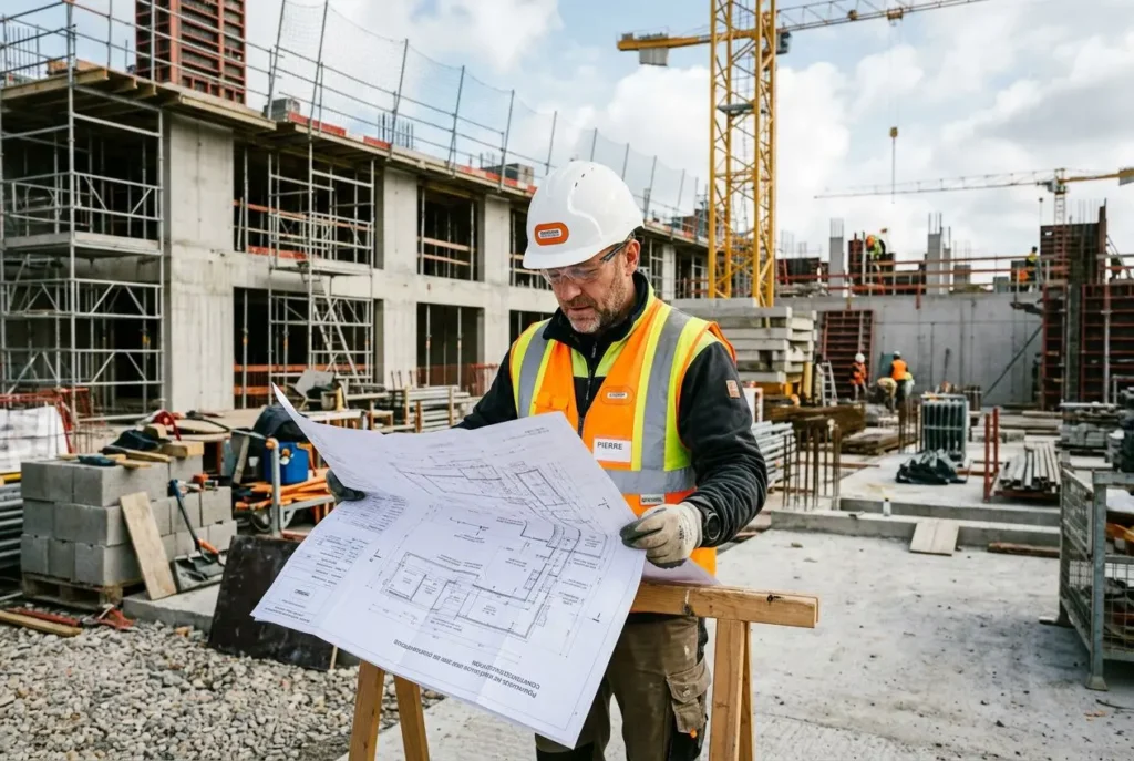 Ouvrier qualifié du bâtiment examinant des plans sur un chantier de construction, avec gilet et casque de sécurité.