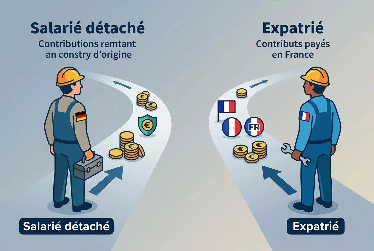Salarié détaché et expatrié sur une route divergente, icônes monétaires et drapeaux indiquant les cotisations sociales et pays compétents.