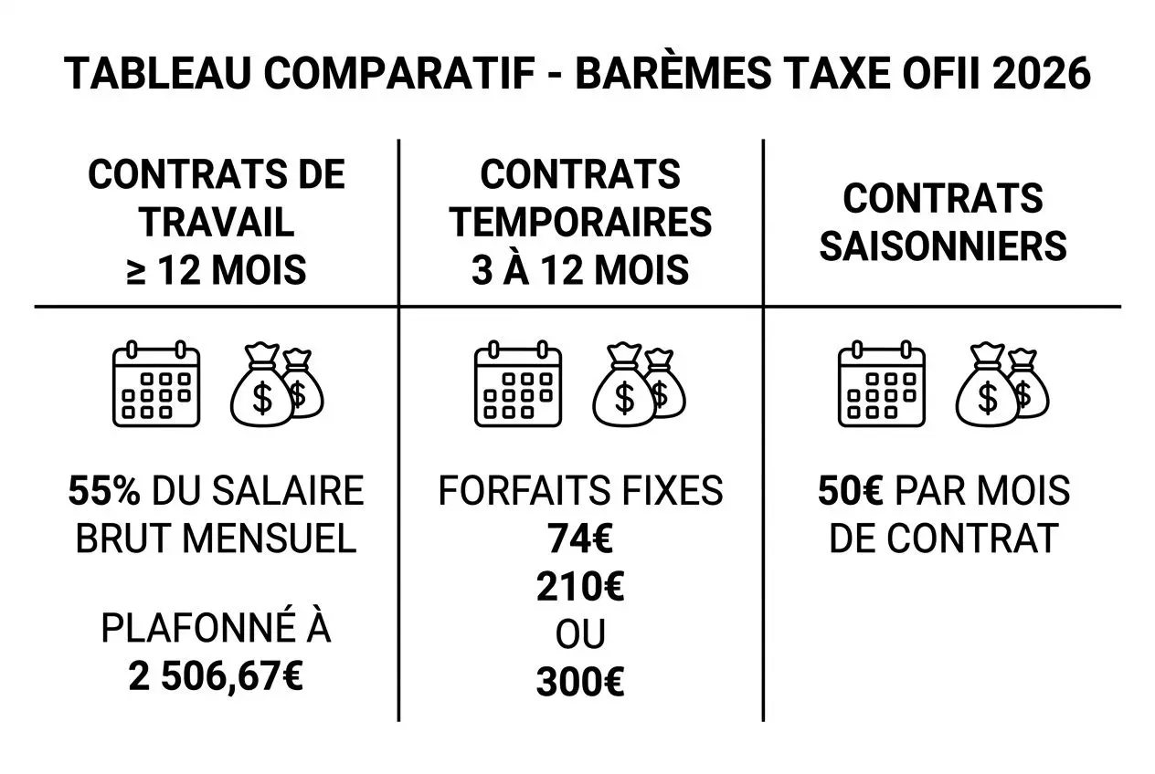 Tableau comparatif des barèmes OFII 2026: contrats de travail >12 mois, contrats temporaires 3–12 mois et contrats saisonniers; détails du coût pour l’employeur.
