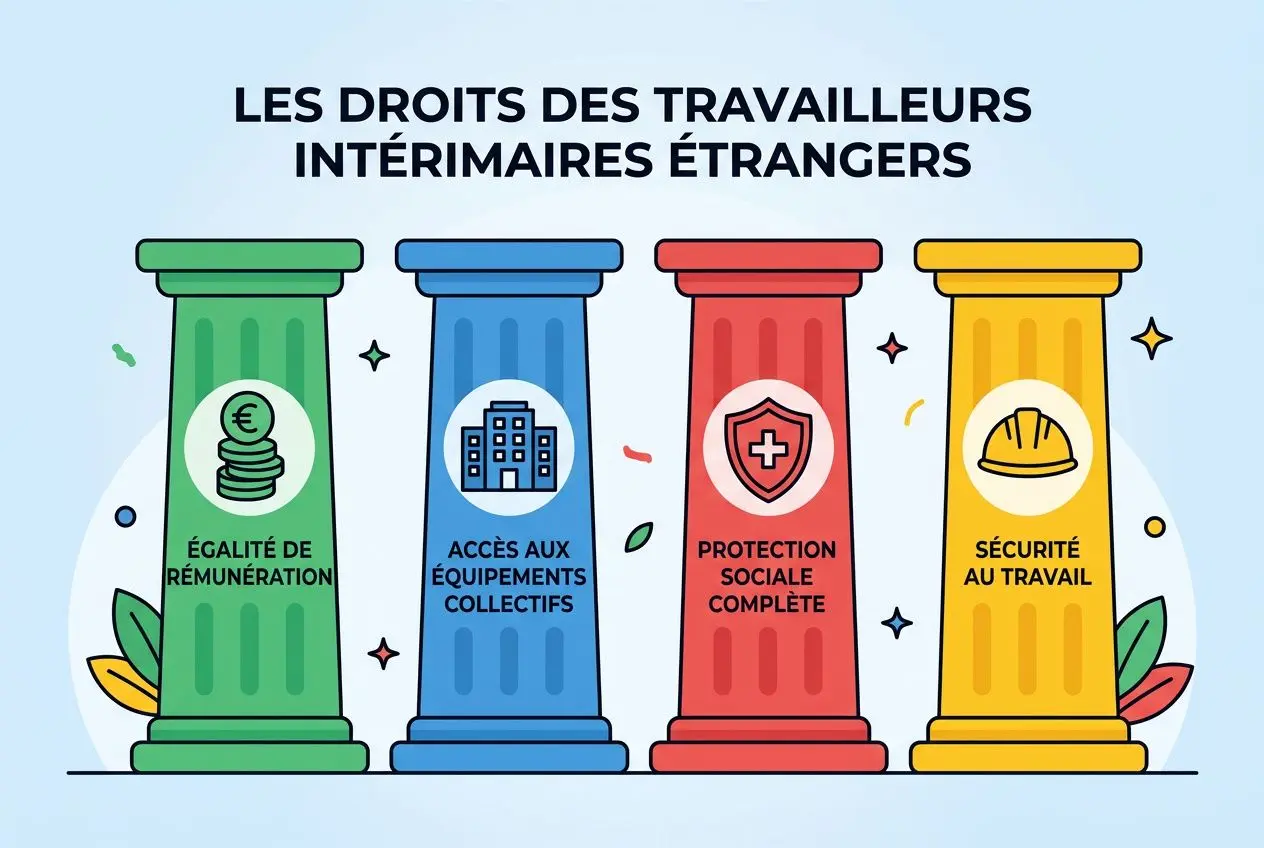 Trois colonnes colorées illustrent les droits des travailleurs intérimaires étrangers, avec un titre: “LES DROITS DES TRAVAILLEURS INTÉRIMAIRES ÉTRANGERS”.