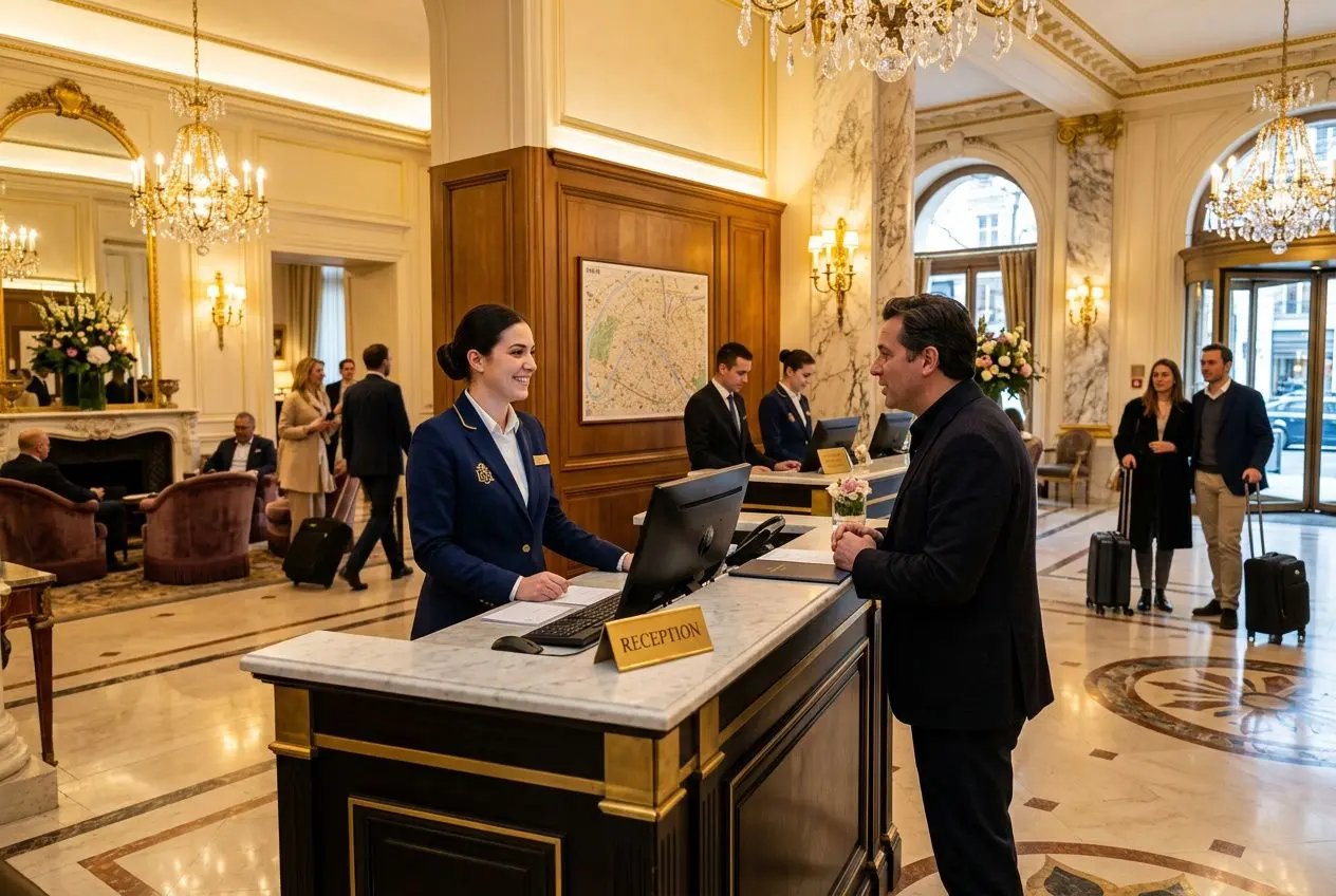 Accueil d’hôtel chic avec une hôtesse en uniforme près du comptoir réception, interaction professionnelle dans le hall élégant. agence intérim hôtellerie paris.