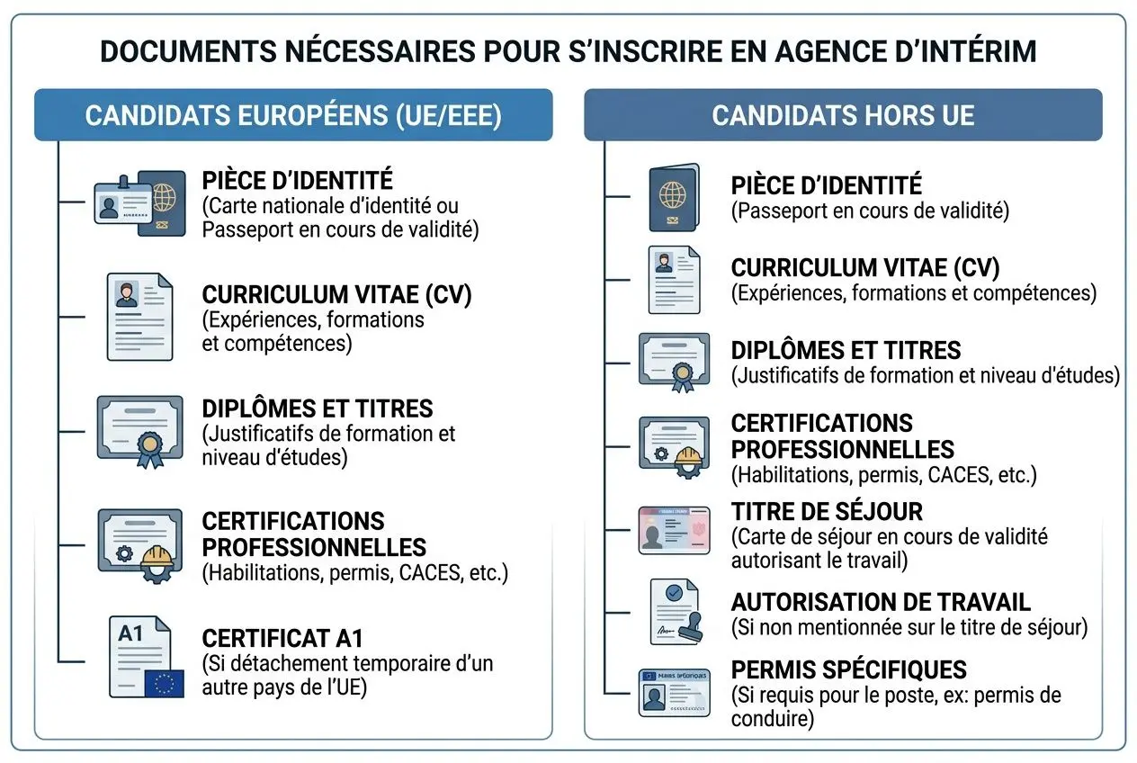 Affiche décrivant les documents nécessaires pour s’inscrire en agence d’intérim, avec sections “Candidats européens (UE/EEE)” et “Candidats hors UE”, incluant pièces d’identité, CV, diplômes, certifications, permis, et titres de séjour. intégration du mot-clé: sélection candidats intérim fiables.