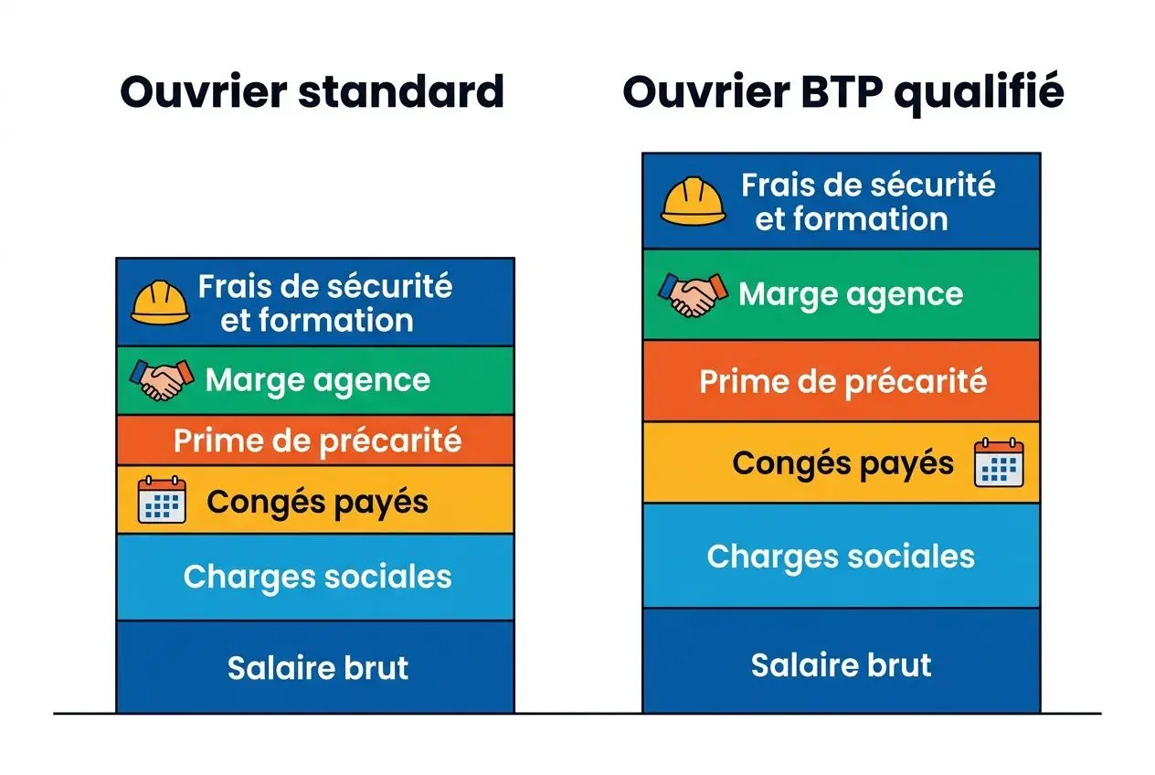 Comparatif visuel: Ouvrier standard et Ouvrier BTP qualifié avec blocs couleur montrant salaire brut, charges sociales, congés payés, prime de précarité, marge agence, frais de sécurité et formation. Inclut coût d'un intérimaire au smic et éléments de coût.