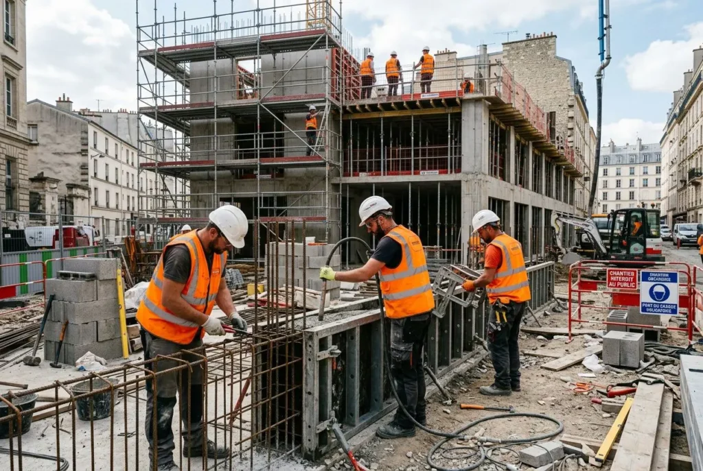 Construction active avec ouvriers en sécurité sur un chantier, façades et ossature en béton, échelles et scaffolding. Trouver ouvrier bâtiment.