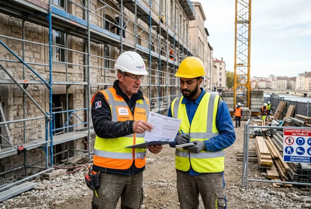 Deux ouvriers sur un chantier de bâtiment: l’un pointe un document avec l’autre, tous deux équipés de casques et gilets de sécurité, près d’une structure en construction. ouvrier étranger bâtiment légal.