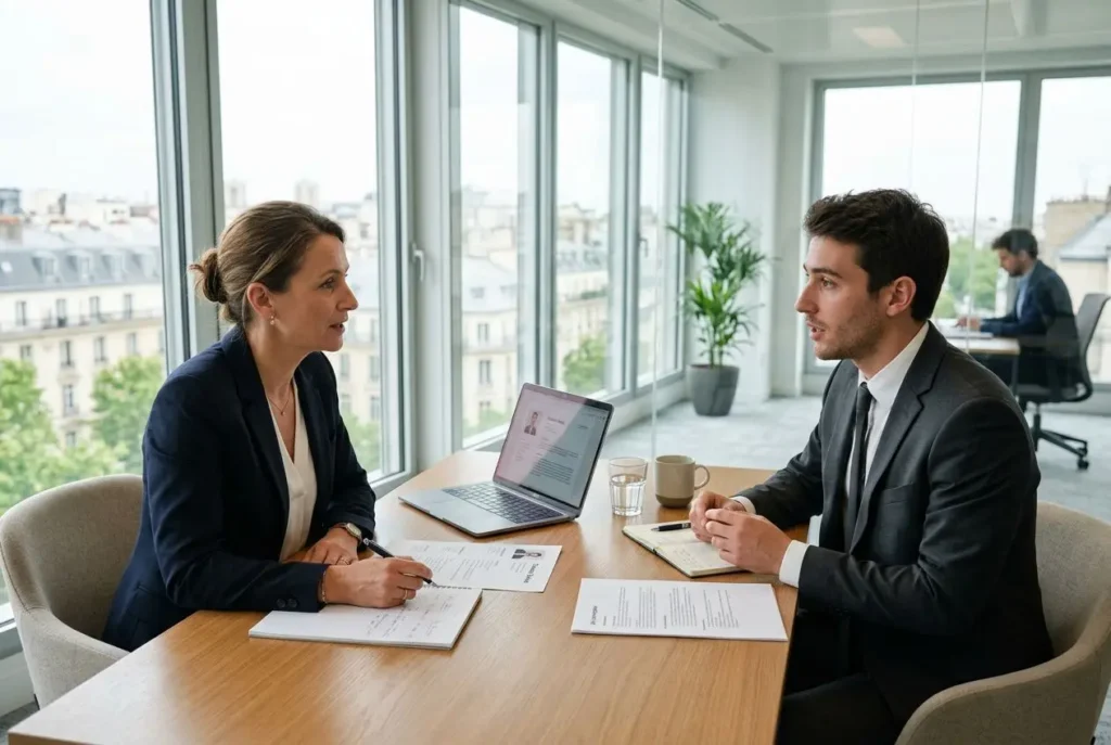 Deux professionnels en entretien dans une salle lumineuse, échange autour de documents et d’un ordinateur portable. Page de recrutement et sélection candidats intérim fiables.