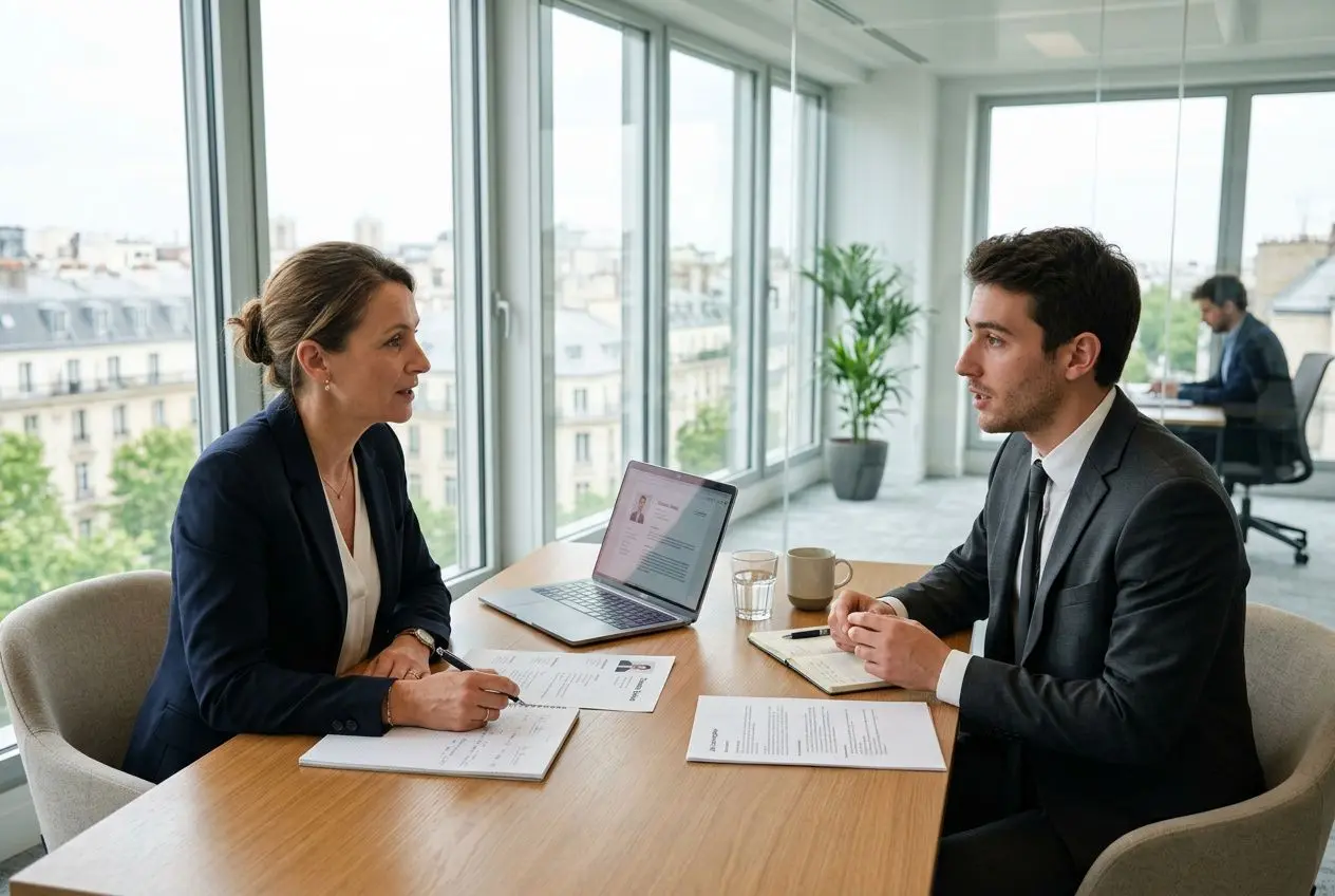 Deux professionnels en entretien dans une salle lumineuse, échange autour de documents et d’un ordinateur portable. Page de recrutement et sélection candidats intérim fiables.