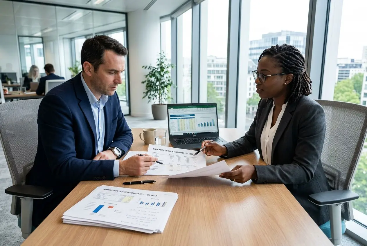 Deux professionnels en réunion d’affaires examinent des documents et graphiques sur une table, avec un ordinateur portable ouvert, dans un bureau lumineux. coùt d'un intérimaire au smic intégré naturellement dans la description.