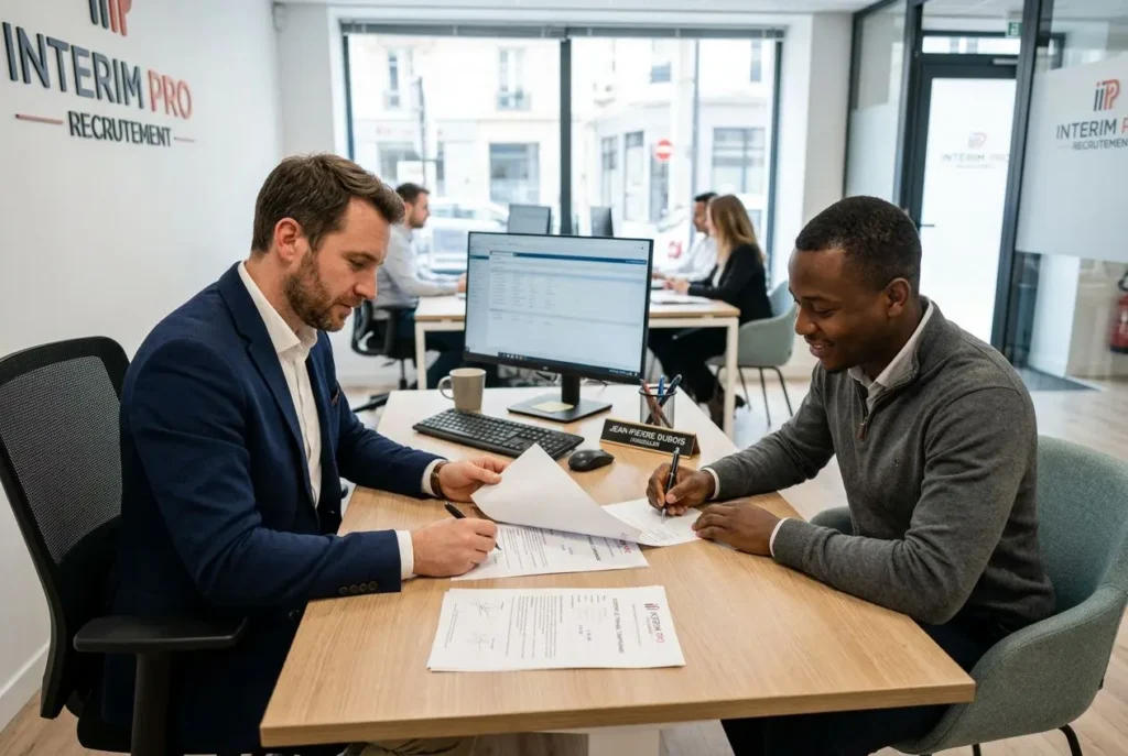 Deux professionnels signent des documents dans un bureau d’agence d’intérim, ambiance professionnelle et moderne. Inclut le cadre: “définition d'un travailleur temporaire” et le contexte juridique du contrat d’intérim.