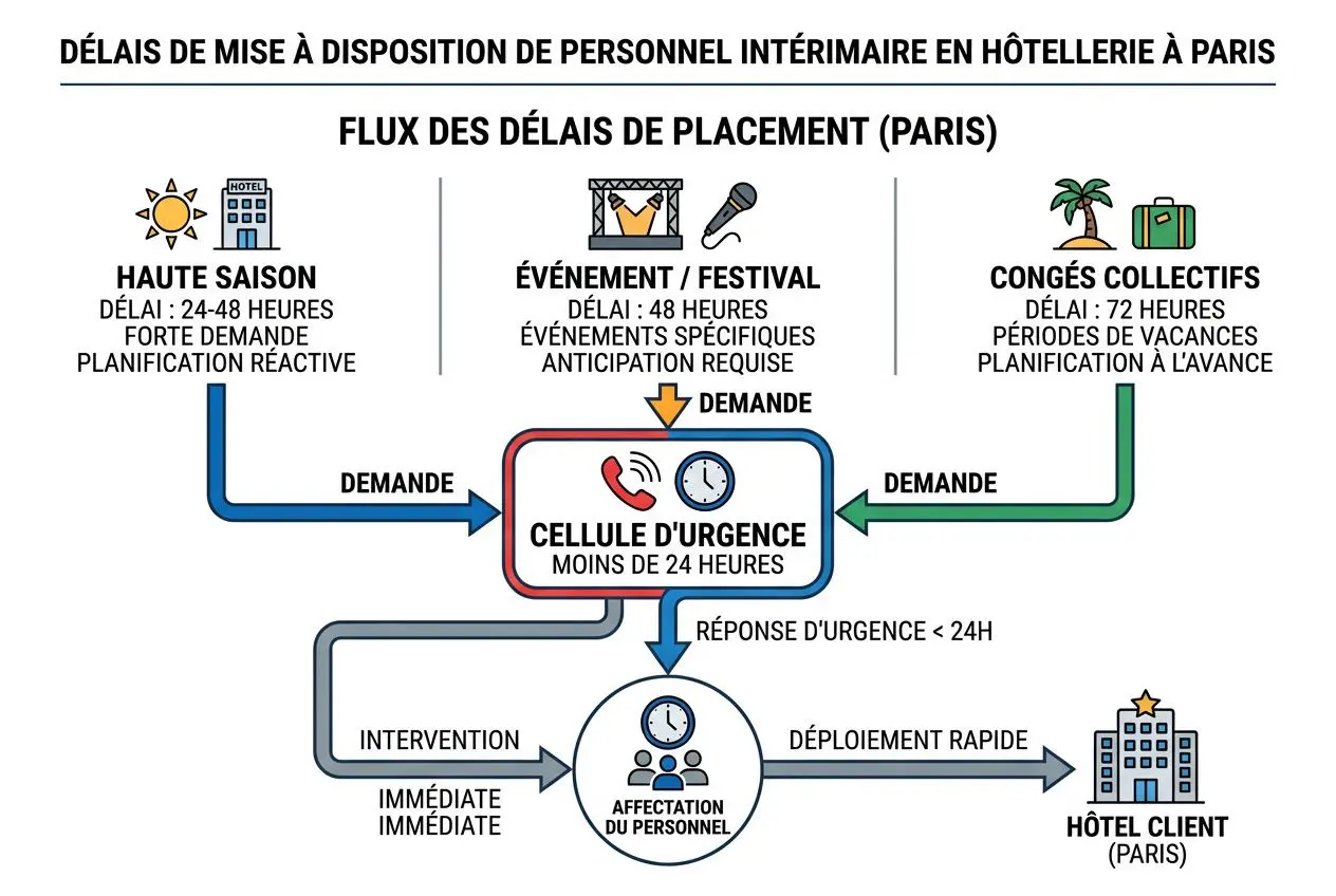 Diagramme illustrant les délais de mise à disposition de personnel intérimaire en hôtellerie à Paris, avec flux entre demandes, cellule d’urgence et déploiement rapide vers l’hôtel client. Intègre le concept d’agence intérim hôtellerie paris.