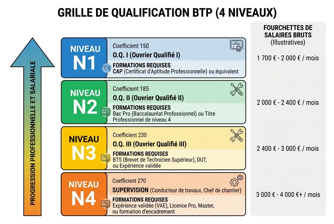 Grille de qualification BTP (4 niveaux) avec N1 à N4 et flèche “progression professionnelle et salariale”; niveaux N1/N2/N3/N4 indiquent les O.Q. et formations requises, tableaux de salaires mensuels. Intègre le mot-clé: trouver ouvrier batiment.
