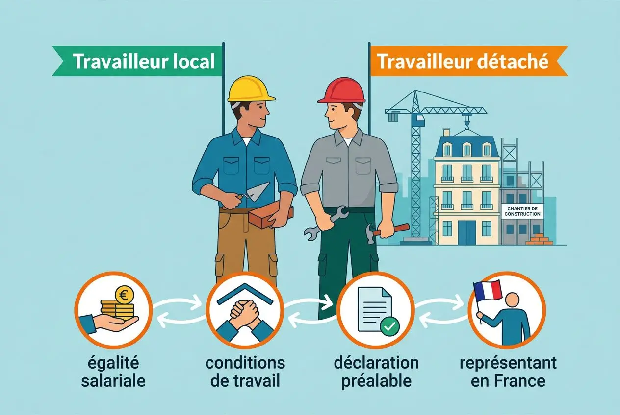Ouvrier étranger bâtiment légal: deux travailleurs iconiques sur un chantier, procédures d’embauche et étapes légales illustrées (égalité salariale, conditions de travail, déclaration préalable, représentant en France).