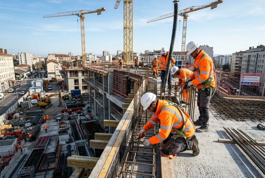Ouvriers en orange réfléchissant sur un chantier de construction avec grattes-ciel et grues en arrière-plan, travail en hauteur, cadre BTP. intérim grand déplacement btp