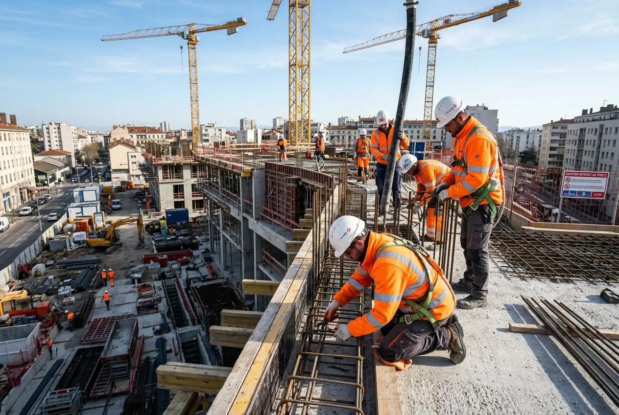 Ouvriers en orange réfléchissant sur un chantier de construction avec grattes-ciel et grues en arrière-plan, travail en hauteur, cadre BTP. intérim grand déplacement btp