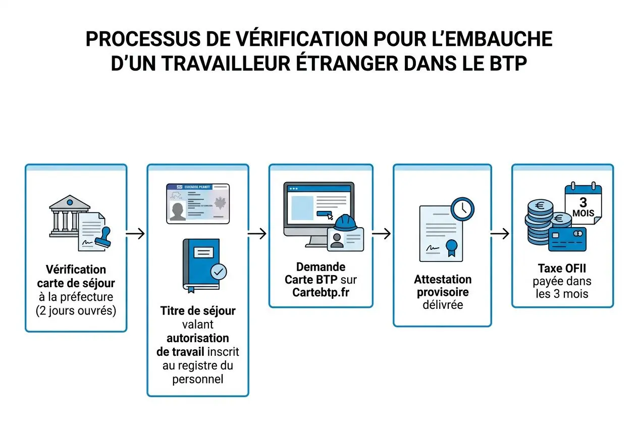 Processus de vérification pour l’embauche d’un travailleur étranger dans le BTP illustrant les étapes: carte de séjour, autorisation de travail, demande et attestation, icônes et timeline.
