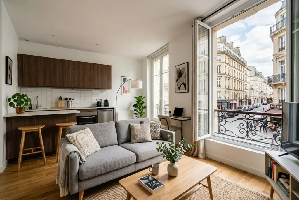 Salon lumineux dans un logement temporaire meublé avec canapé gris, table basse et cuisine ouverte, vue sur rue parisienne.