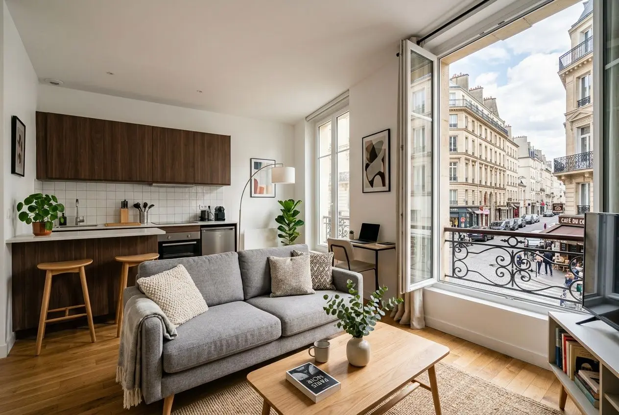 Salon lumineux dans un logement temporaire meublé avec canapé gris, table basse et cuisine ouverte, vue sur rue parisienne.