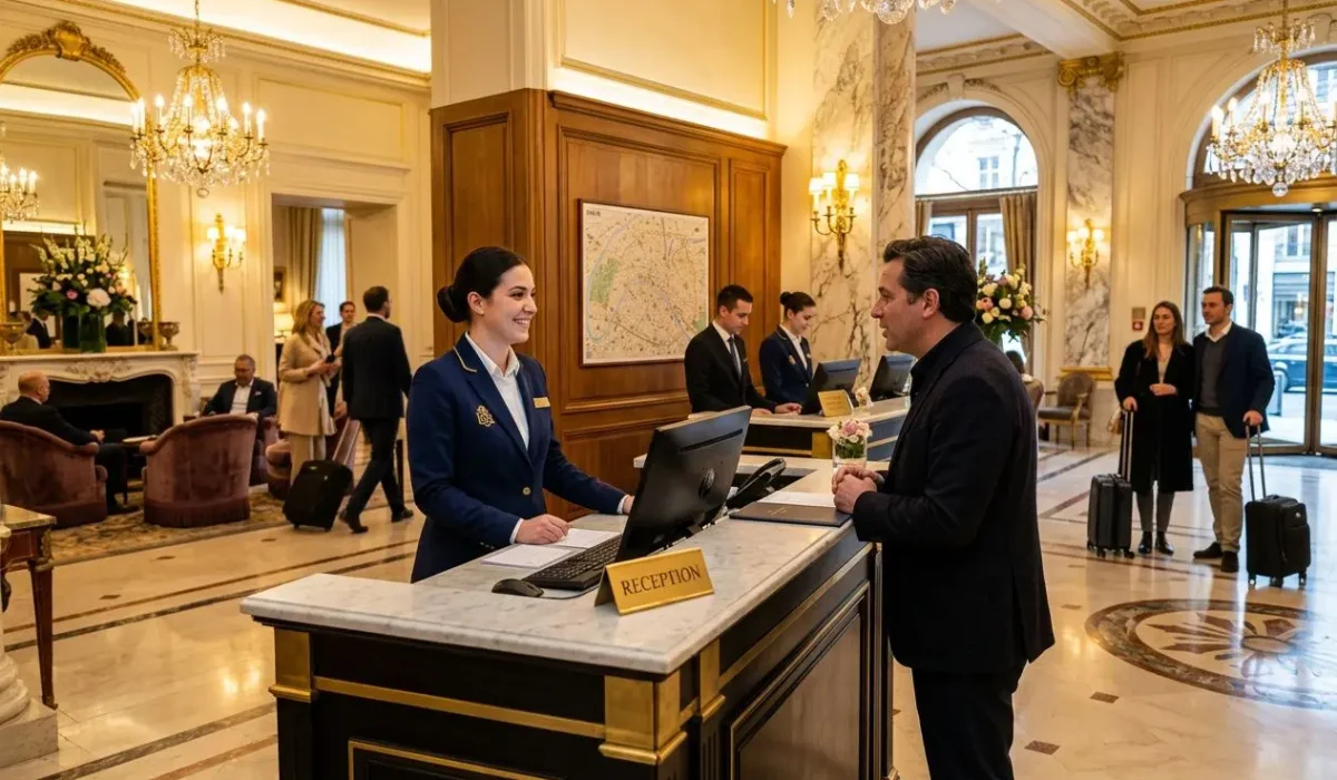 Accueil d’hôtel chic avec une hôtesse en uniforme près du comptoir réception, interaction professionnelle dans le hall élégant. agence intérim hôtellerie paris.
