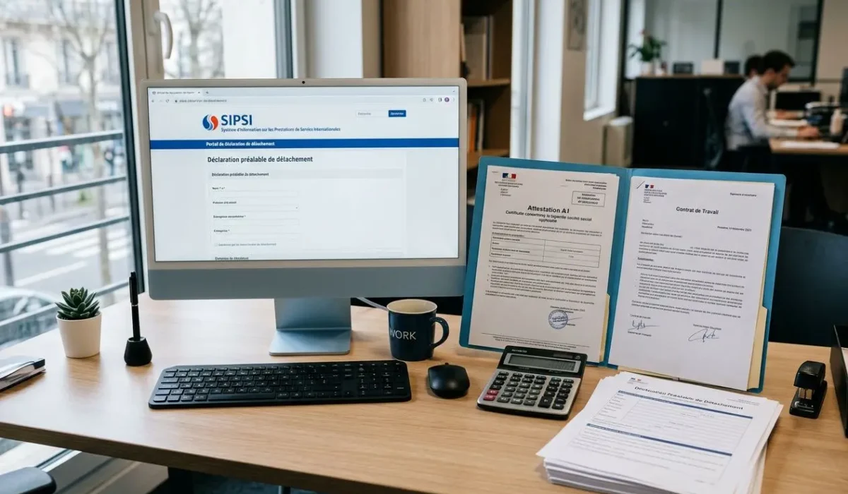 Bureau avec écran affichant une page SIPSI, documents officiels et attestation de détachement posés sur un classeur; mugs et calculatrice sur le desk. attestation de déclaration préalable de détachement intégrée.