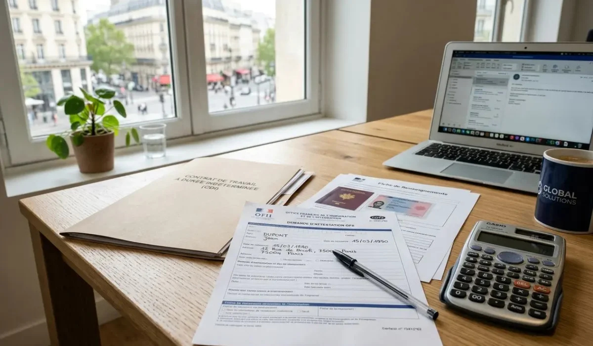 Calculatrice et documents OFII sur un bureau, vue sur la ville, contexte coût de recruter un salarié étranger pour l'employeur.