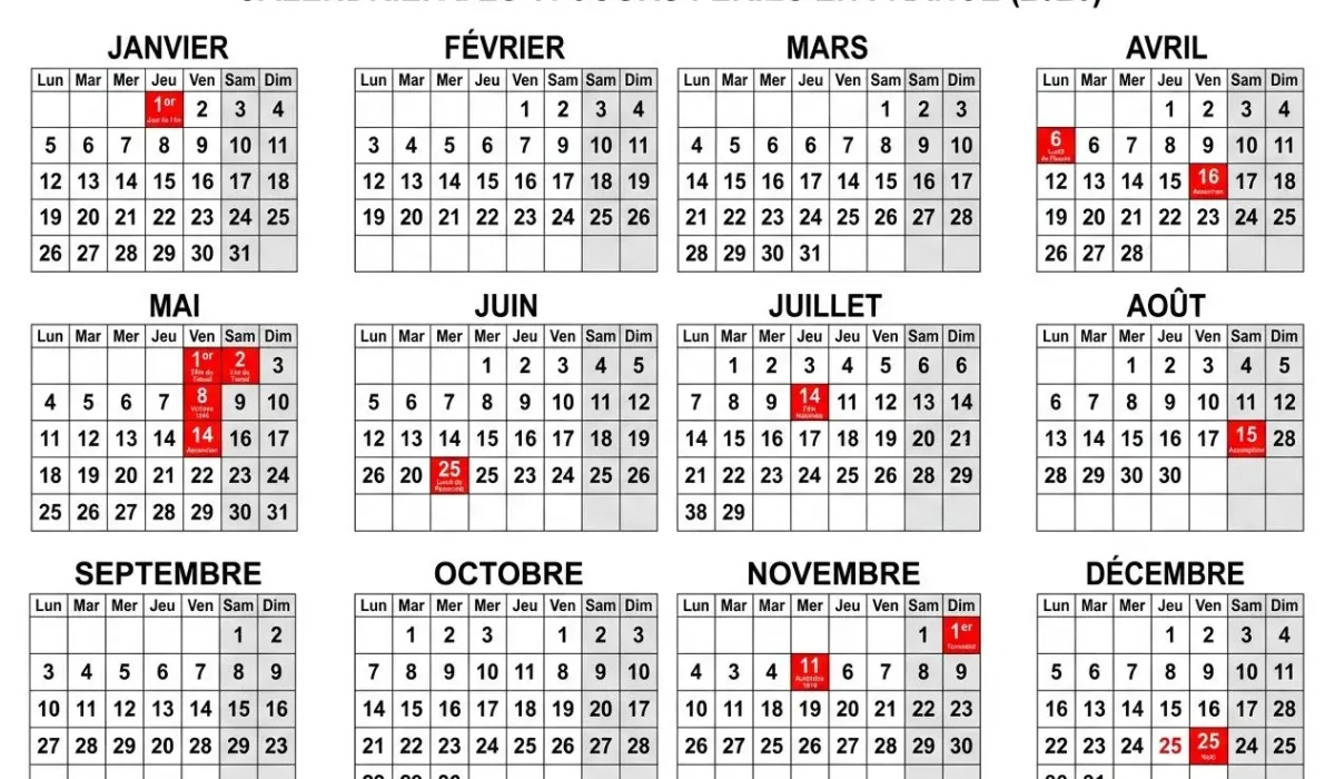 Calendrier jours fériés 2026