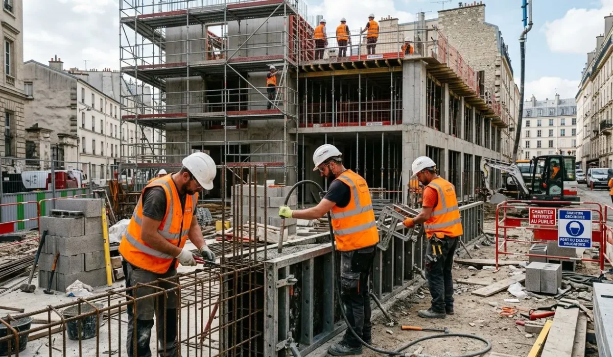 Construction active avec ouvriers en sécurité sur un chantier, façades et ossature en béton, échelles et scaffolding. Trouver ouvrier bâtiment.