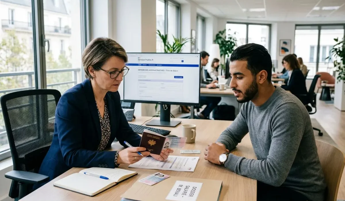 Deux interlocuteurs en entretien administratif: une professionnelle vérifiant des documents et un candidat, autour d’un bureau avec ordinateur et passeport, dans un espace de travail. Autorisation de travail intérimaire évoquée par l’environnement.